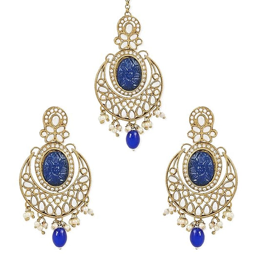 Head Maang Tikka in Gold Plated Traditional Pearl Hanging Kundan Chandbali Set