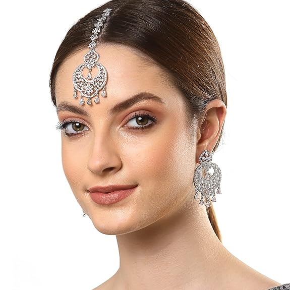 American Diamond Jewelry Set in Rhodium Plated Stylish Shiny Round Design Maang Tikka Earring Jewellery