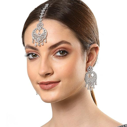 American Diamond Jewelry Set in Rhodium Plated Stylish Shiny Round Design Maang Tikka Earring Jewellery