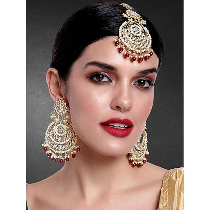 Mang Tikka for Women in Traditional Rhodium Kundan & Pearl Earring Set Design