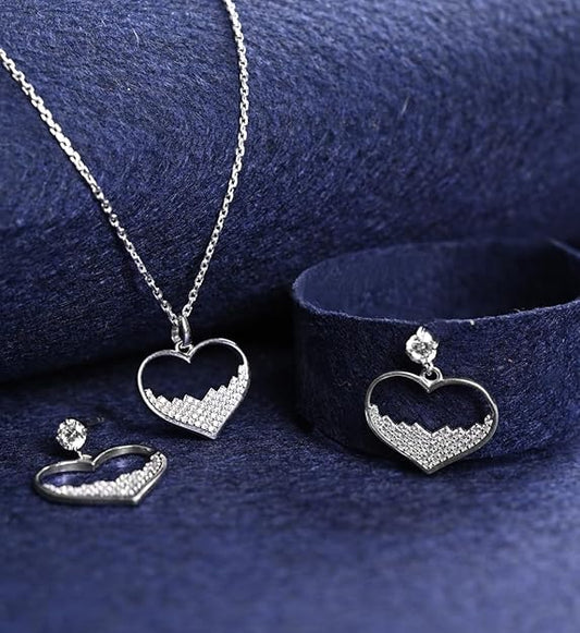 Necklace and Earring Set in 925 Sterling Silver Cuore Heart Design with Platinum Plated Zirconia