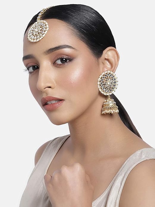 Green Mang Tika in Gold Plated Antique Finish Kundan & Pearl Jhumka Earring Set