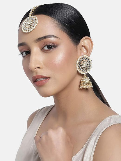 Green Mang Tika in Gold Plated Antique Finish Kundan & Pearl Jhumka Earring Set
