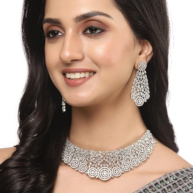 American Diamond Necklace Set in Rhodium Plated Silver Toned AD Choker Necklace with Earrings Jewellery Set for Women and Girls