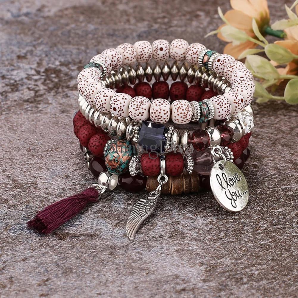Bohemian I Love You Feather Charm Beaded Multilayer Bracelet for Women & Girls