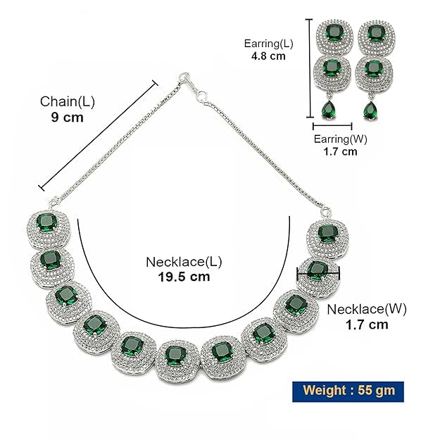 AD Set Jewellery in Rhodium Plated Silver Toned Triangular Shaped American Diamond Studded Jewellery Set