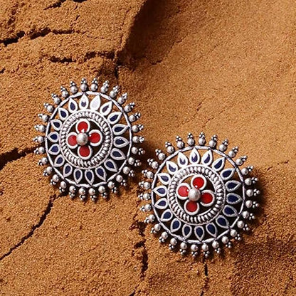 Oxidised Floral Mandala Silver Stud Earrings