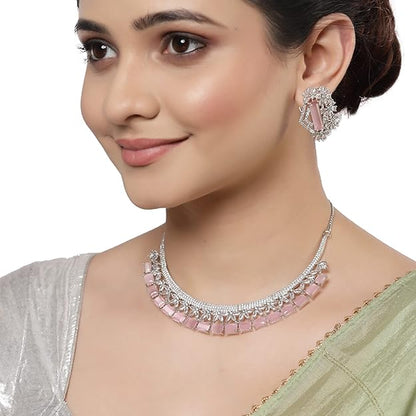 AD Jewellery Set in Rhodium Plated Silver Toned White American Diamond Studded Necklace with Earrings for Women and Girls