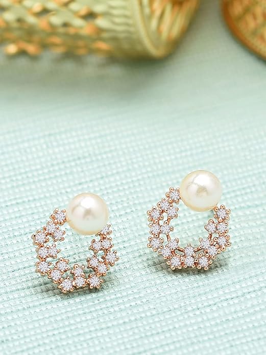 Gold Tone Floral Cubic Zirconia Stud Earrings