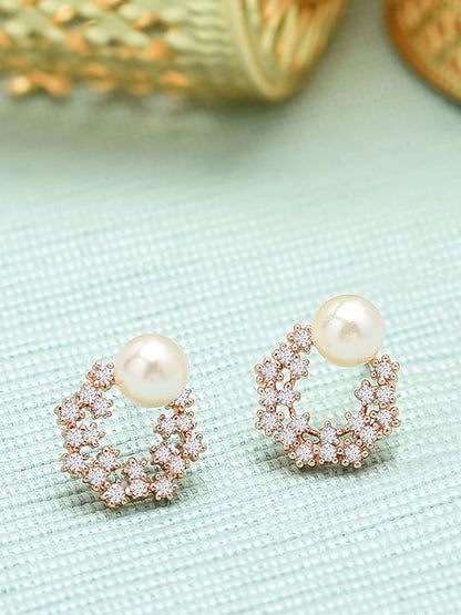 Gold Tone Floral Cubic Zirconia Stud Earrings