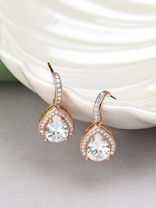 Pearl Drop Hoop Earrings in Rose Gold Cubic Zirconia Pear Drop Hoop Design