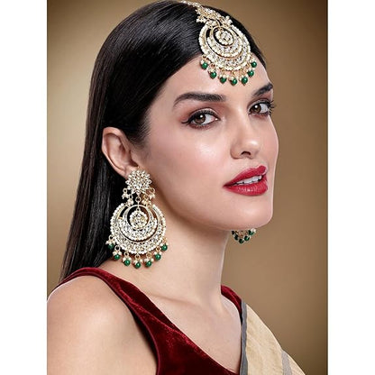 Mang Tikka for Women in Traditional Rhodium Kundan & Pearl Earring Set Design