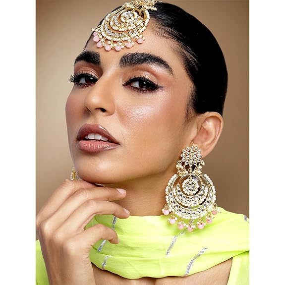 Mang Tikka for Women in Traditional Rhodium Kundan & Pearl Earring Set Design