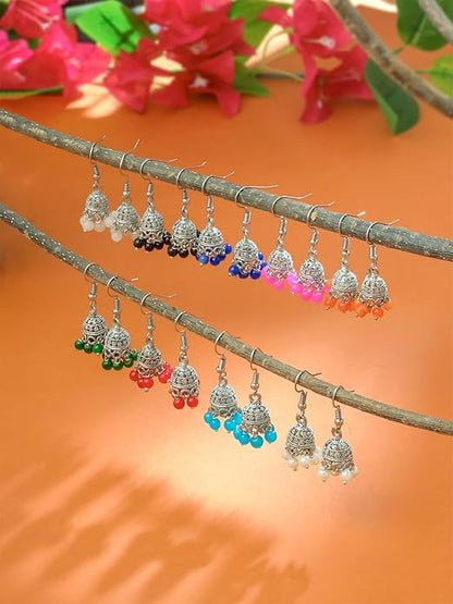 Silver Oxidised Chandbali Jhumka Earrings Set of 9 Colors