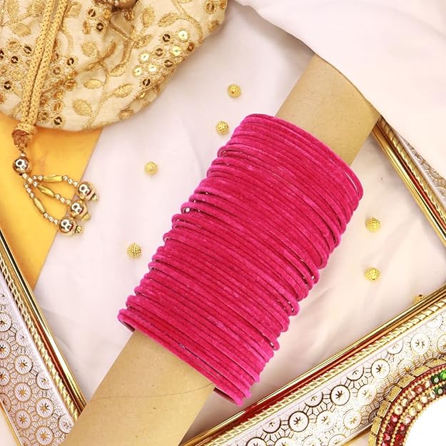 Velvet Metal Bangles for Women Available in Magenta Color Set of 32 Bangles