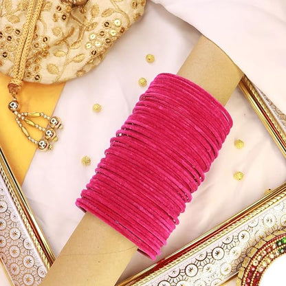 Velvet Metal Bangles for Women Available in Magenta Color Set of 32 Bangles