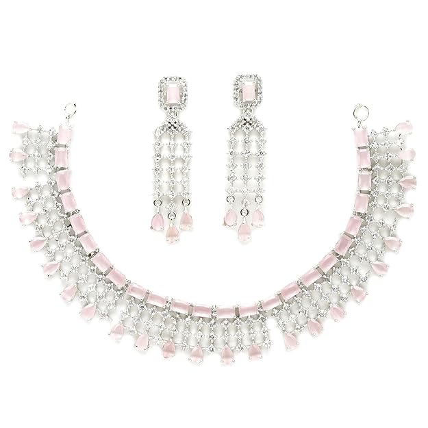 American Diamond Choker Set in Floral Design AD Studded Choker Necklace with Earrings for Women and Girls