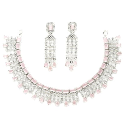 American Diamond Choker Set in Floral Design AD Studded Choker Necklace with Earrings for Women and Girls
