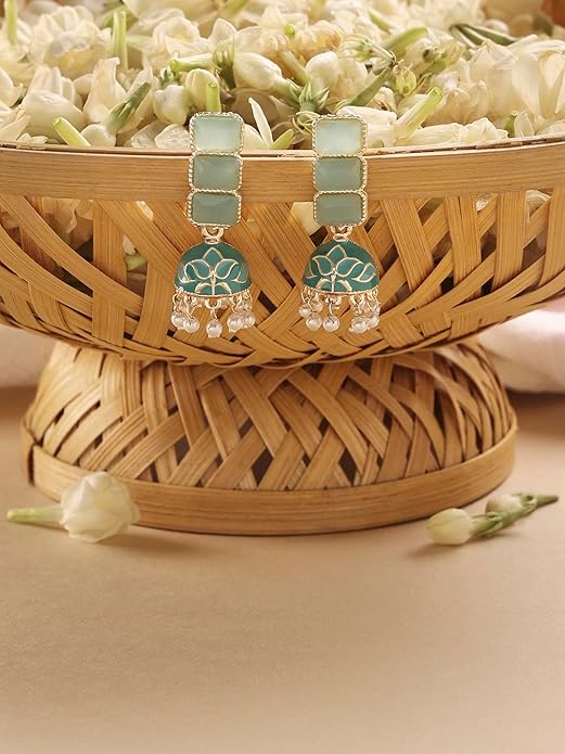 Emerald Green Drop Earrings in Mint Green Enamel Ethnic Jhumki Design for Women