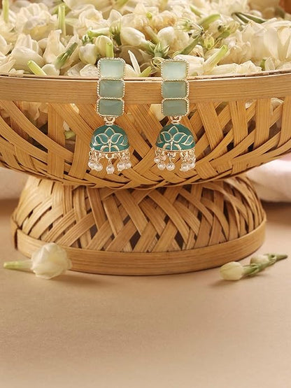 Emerald Green Drop Earrings in Mint Green Enamel Ethnic Jhumki Design for Women