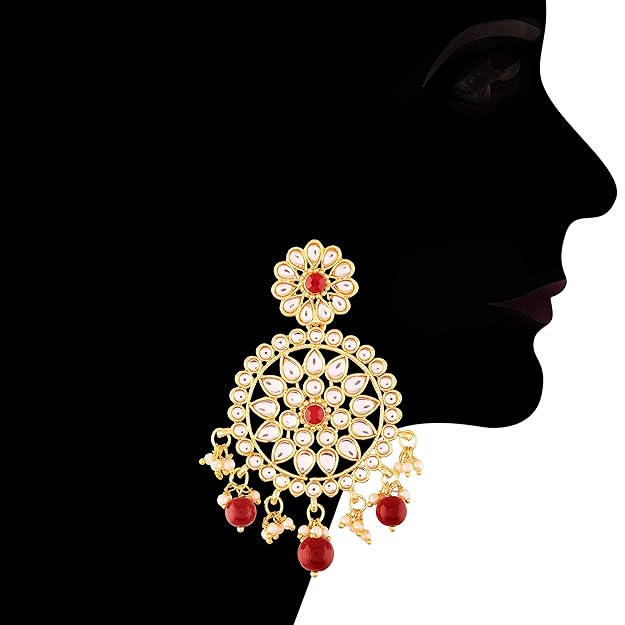 Indian Head Jewelry in 18K Gold Plated Kundan & Pearl Chandbali Earring Set