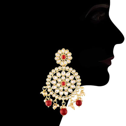 Indian Head Jewelry in 18K Gold Plated Kundan & Pearl Chandbali Earring Set