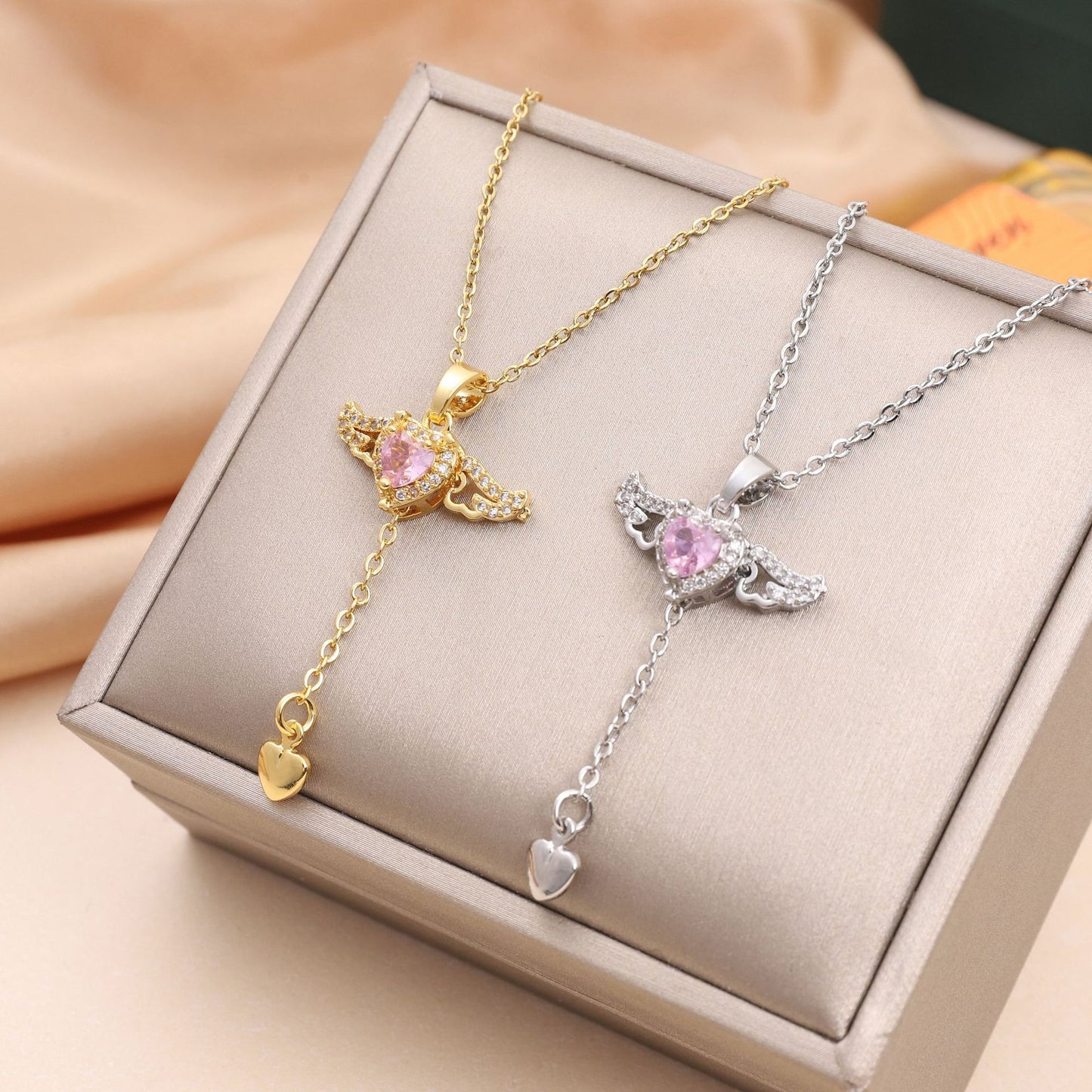 Moving Cupid Heart Angel Wings Tassel Necklace With Crystal Chain Women Jewelry Gift Valentine's Day
