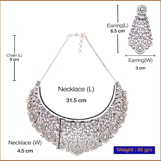Jewelry set with necklace and earrings, including measurements and weight, on a white background.