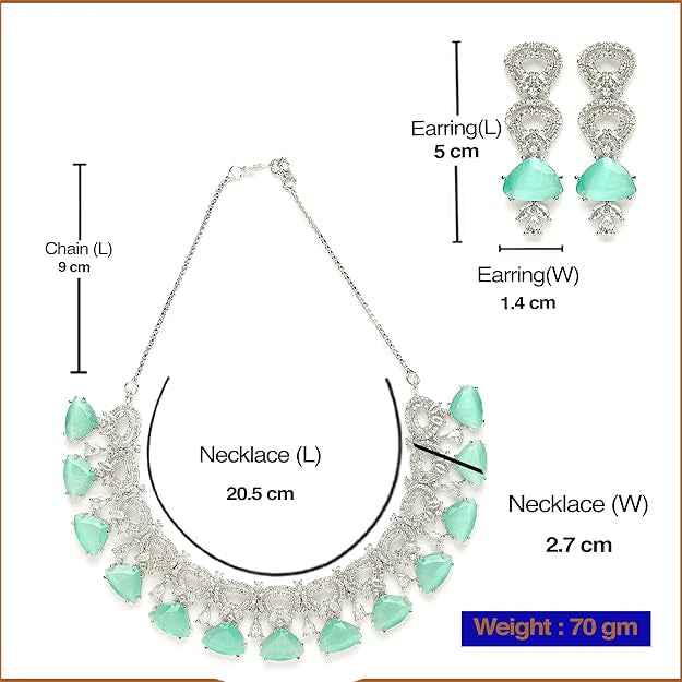 Jewelry set with necklace and earrings, including measurements and brand name 'Desi Dazzling'.