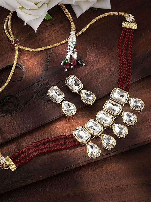 Indian Choker Set in Traditional Crystal and Pearl Choker Necklace with Earrings Jewellery Set for Women and Girls