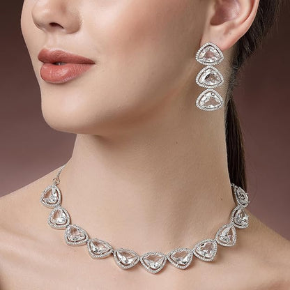 American Diamond Indian Jewellery in Rhodium Plated Silver Toned Triangular Shaped AD Studded Jewellery Set for Women and Girls