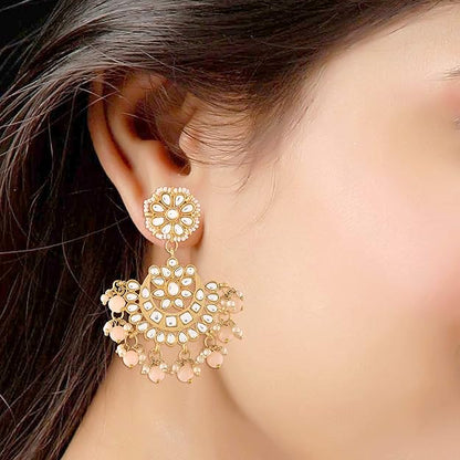 Dulhan Mang Tika in Gold Plated Traditional Kundan & Faux Pearl Chandbali Earring Set