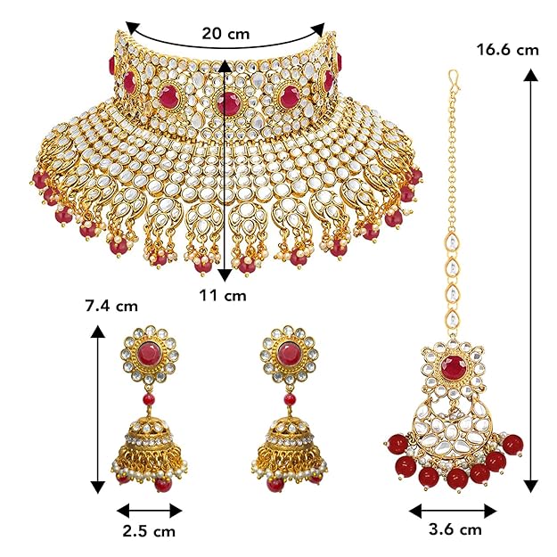 Bridal Necklace and Earring Set in Traditional Kundan Pearl Studded Bridal Choker with Earrings and Maang Tikka Jewellery Set for Women