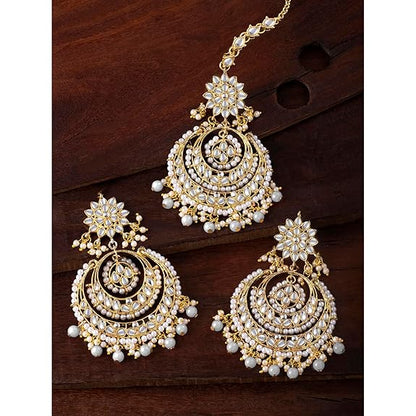 Mang Tikka for Women in Traditional Rhodium Kundan & Pearl Earring Set Design