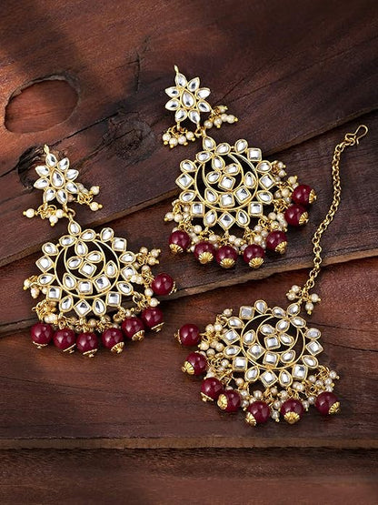 Maang Tikka with Pearl in Gold Plated Kundan Blue Faux Pearl Wedding Set