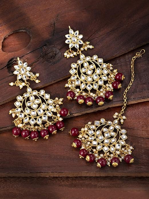Maang Tikka with Pearl in Gold Plated Kundan Blue Faux Pearl Wedding Set