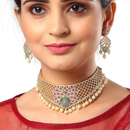 American Diamond Necklace in Gold Plated White & Red AD Studded Necklace with Drop Pearl Beaded Jewellery Set for Women and Girls