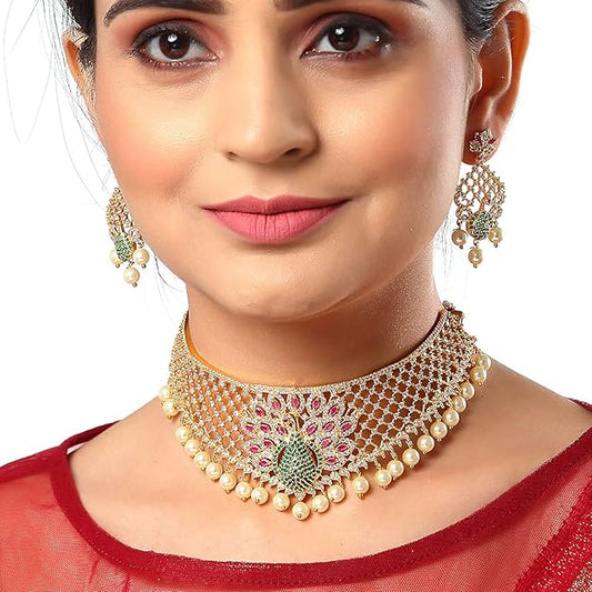 American Diamond Necklace Pearl Drop Set