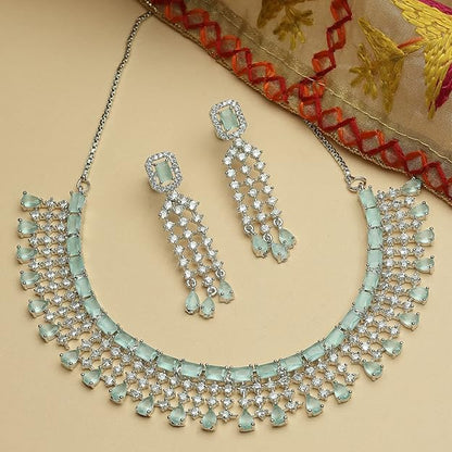 American Diamond Choker Set in Floral Design AD Studded Choker Necklace with Earrings for Women and Girls