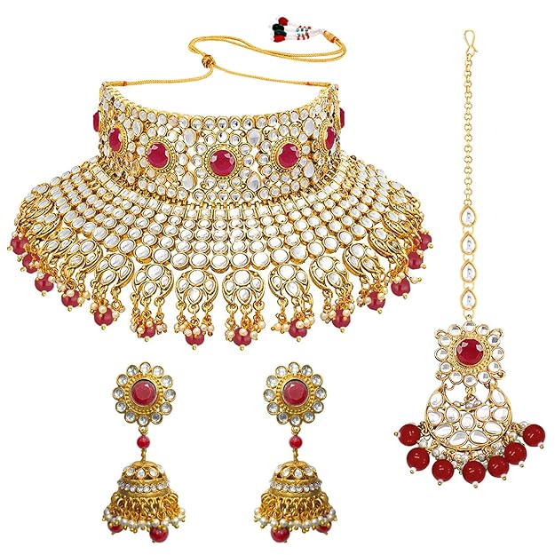 Bridal Necklace and Earring Set in Traditional Kundan Pearl Studded Bridal Choker with Earrings and Maang Tikka Jewellery Set for Women