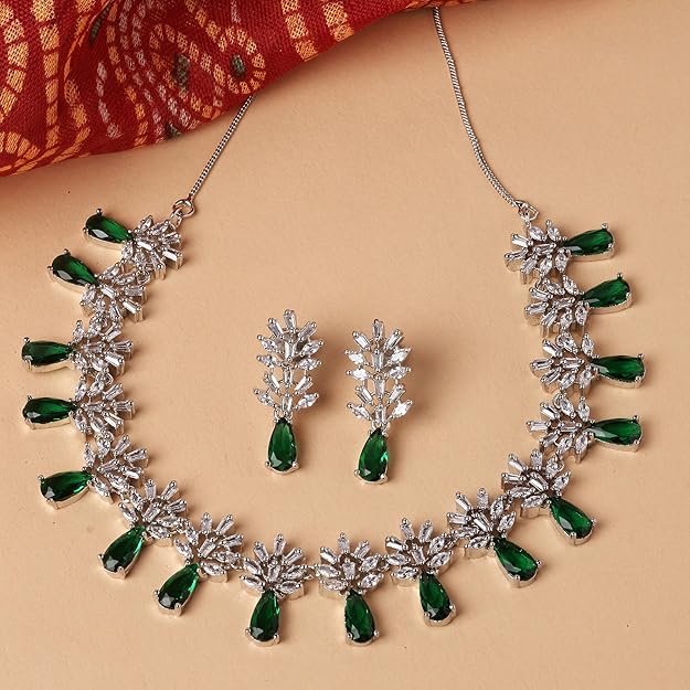 American Diamond Sets in Rhodium Plated Silver Toned Teardrop Shaped AD Studded Necklace and Earrings Jewellery Set