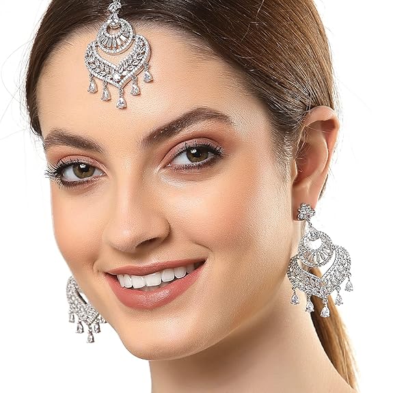 AD Mang Tika in Rhodium Plated Stylish Shiny Round Design Maang Tikka Earring Jewellery Set