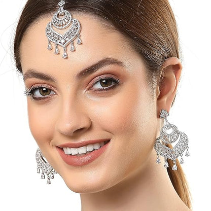 AD Mang Tika in Rhodium Plated Stylish Shiny Round Design Maang Tikka Earring Jewellery Set