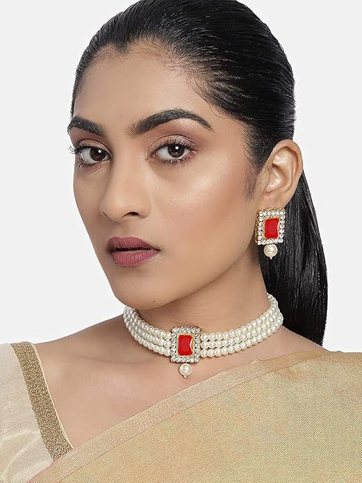 Pearl Choker Necklace in Gold Plated Traditional Stone and Pearl Choker Necklace Jewellery Set for Women