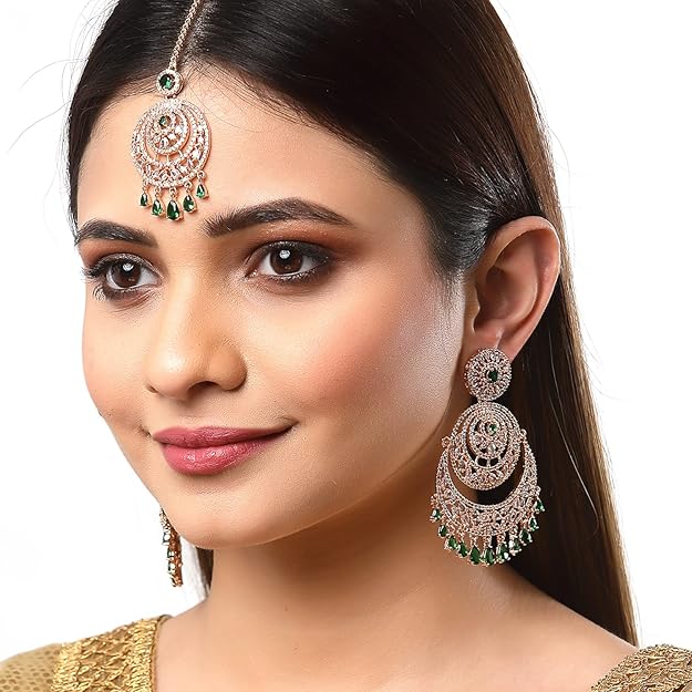 American Diamond Jewelry Set in Rose Gold Plated American Diamond Studded Maang Tikka & Earrings for Women and Girls