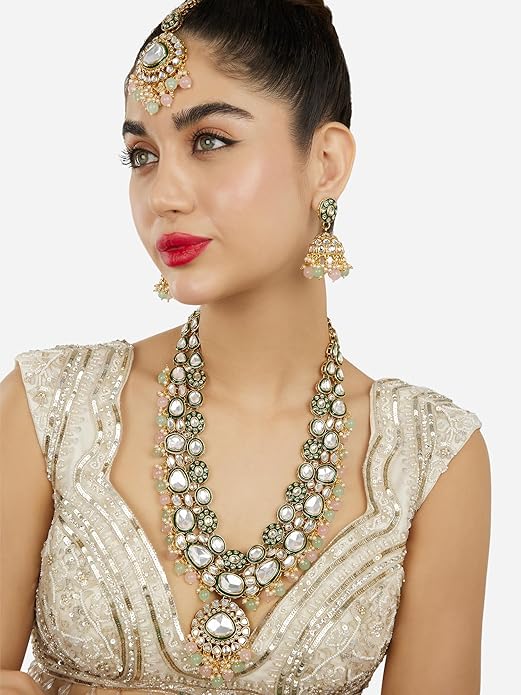 Pink Long Necklace Meenakari Bridal Set