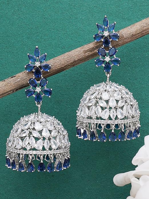 Blue American Diamond Jhumki Drop Earrings