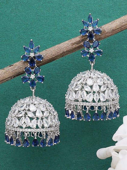 Blue American Diamond Jhumki Drop Earrings