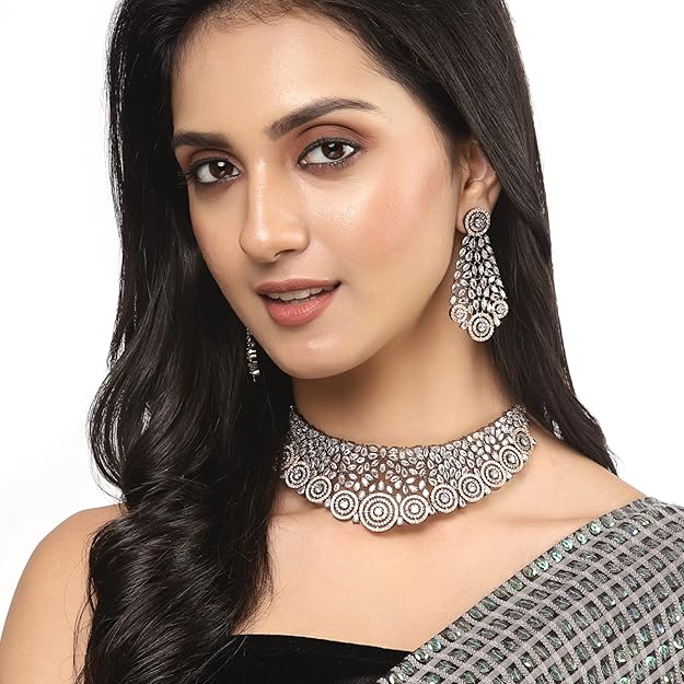 American Diamond Necklace Set in Rhodium Plated Silver Toned AD Choker Necklace with Earrings Jewellery Set for Women and Girls