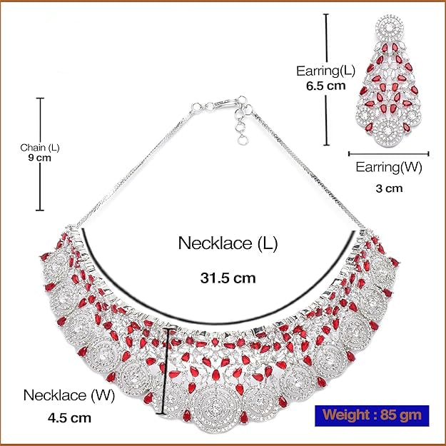 Jewelry set with necklace and earrings, including measurements and weight, on a white background.